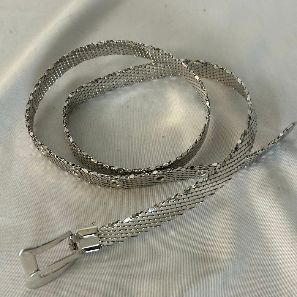 Silver Metal Mesh Belt Adjustable Grommet Buckle Y2K Disco 29” - Picture 3 of 9
